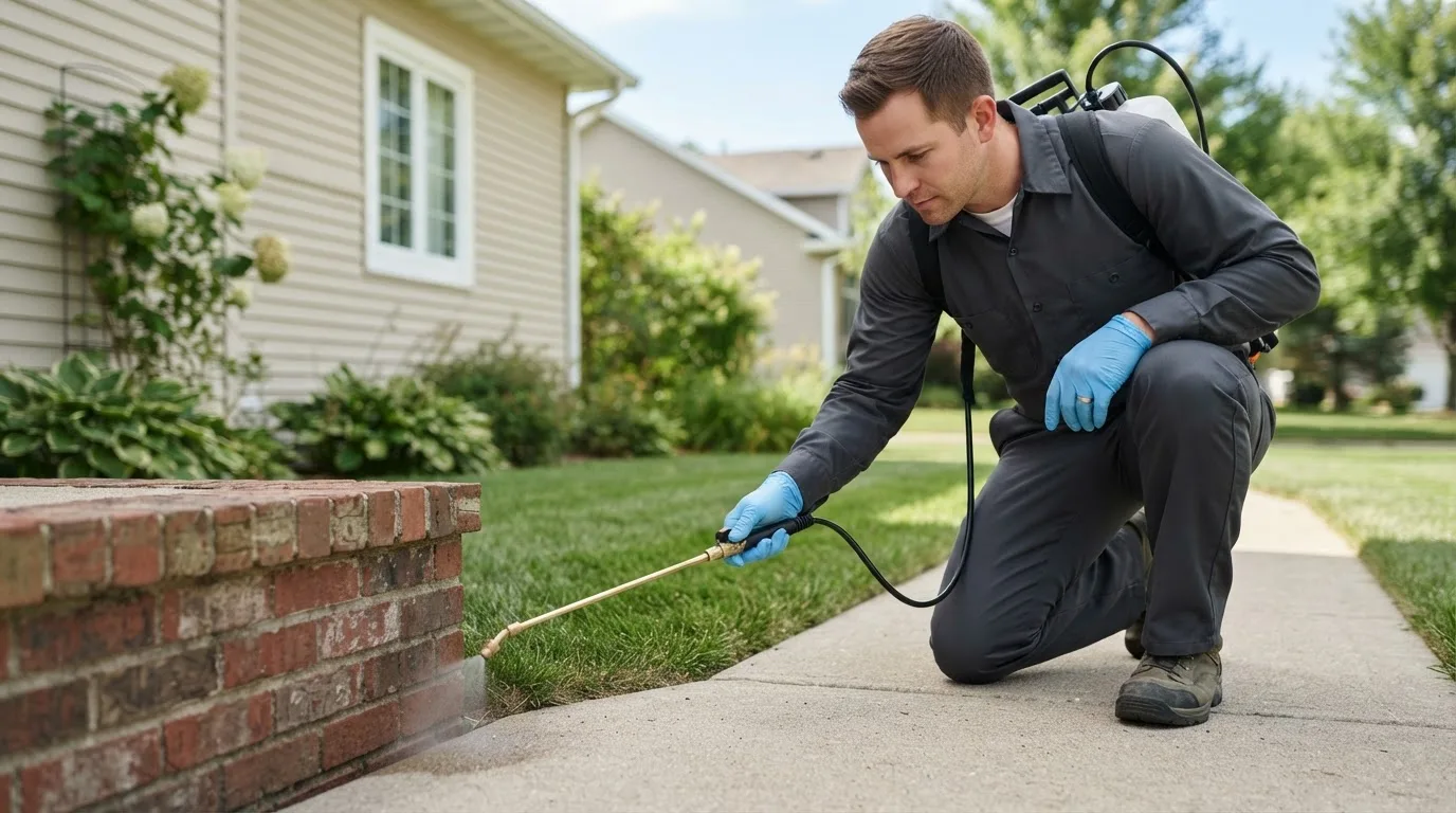 Pest control technician treating a home near New Edinburg, AR