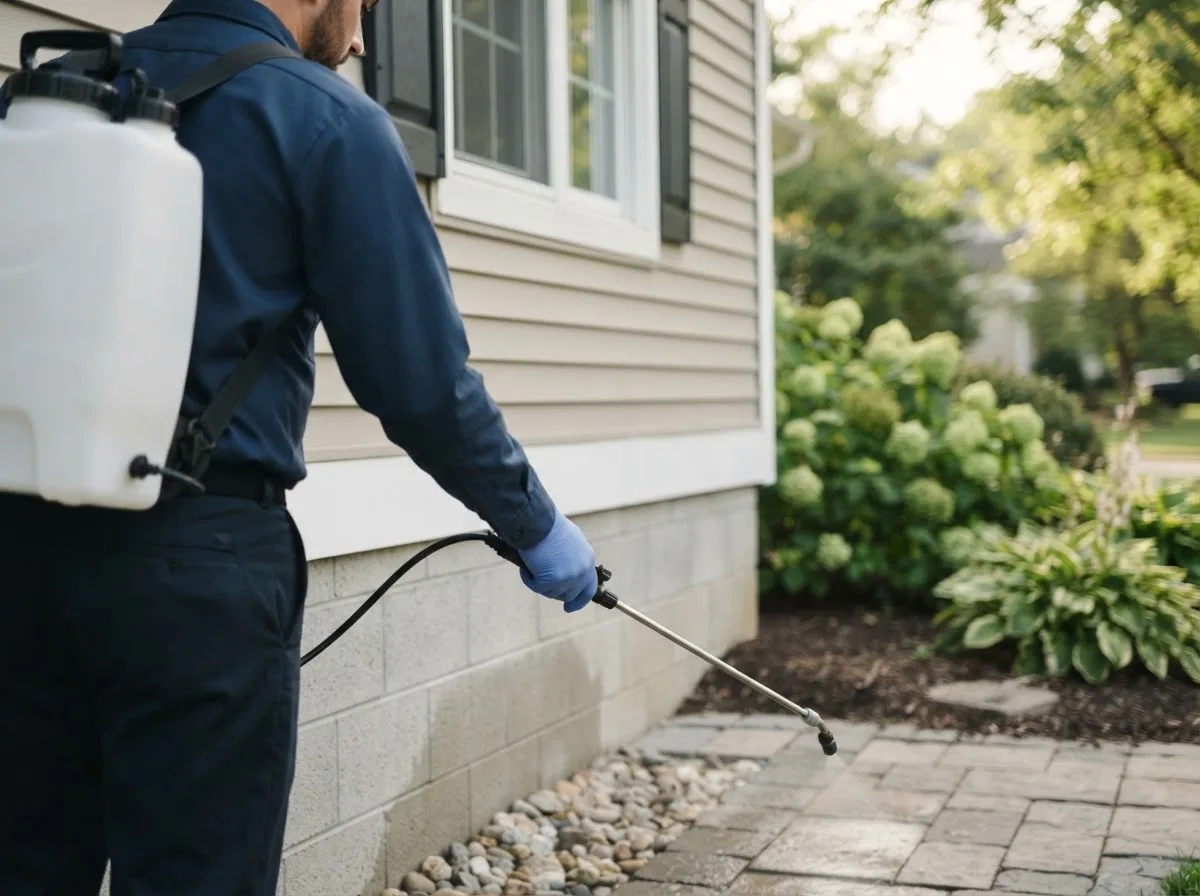 Pest control technician inspecting a home in New Edinburg, AR